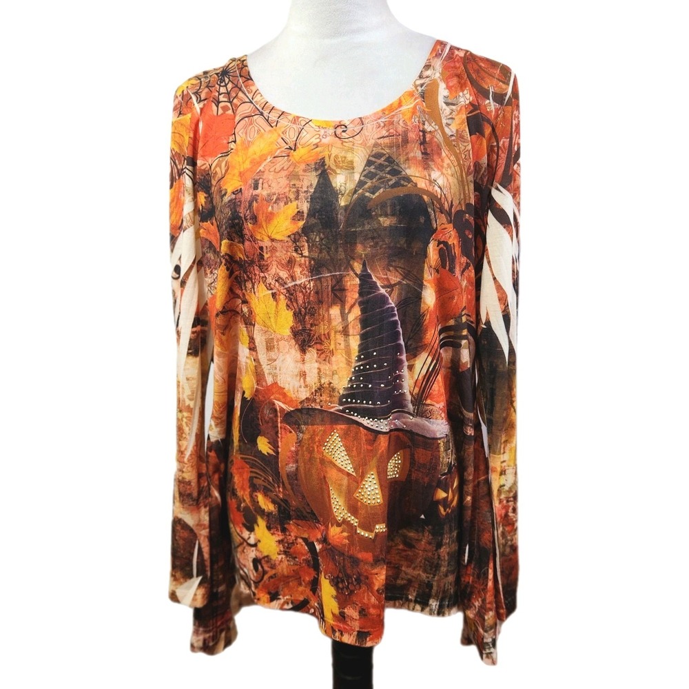 NWT Live‎ & Let Live Women's Halloween Top Sz XL Orange  Pumpkin Embellished NEW